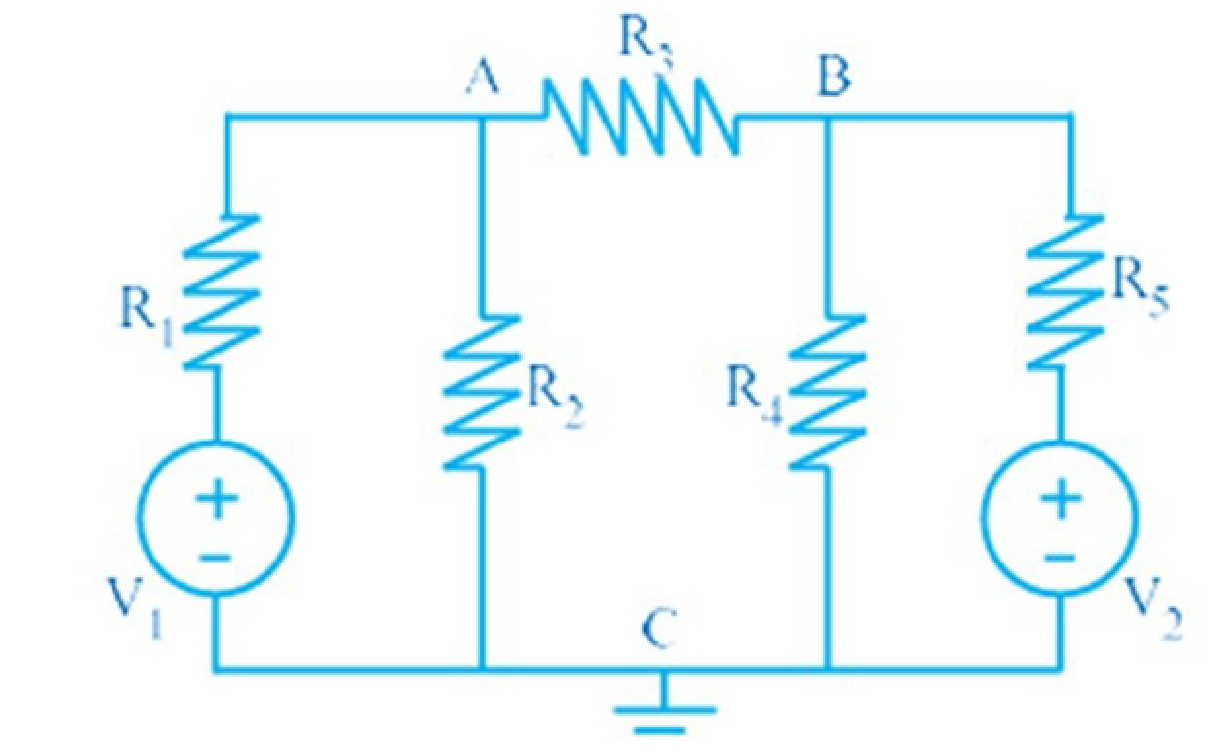 Circuit diagram for node voltage method analysis showing two voltage sources and five resistors.