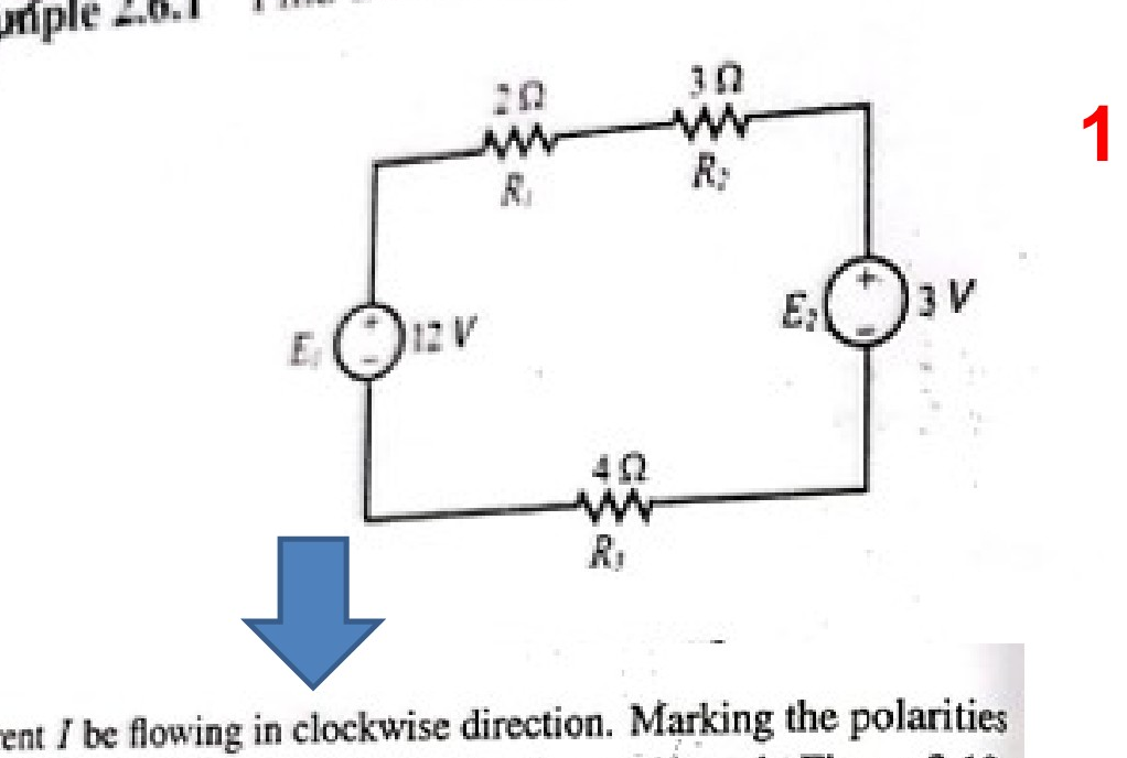 Circuit diagram with a single loop, three resistors, and two voltage sources