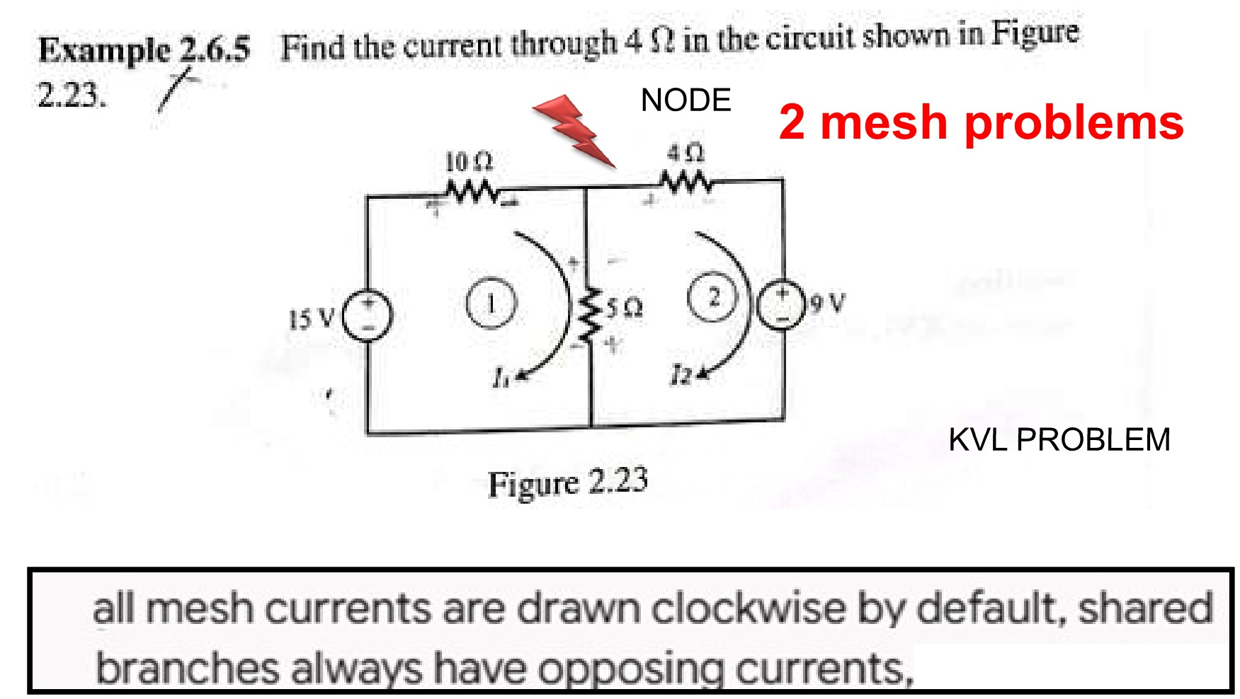 Circuit diagram with two meshes, resistors, voltage sources, and mesh currents I1 and I2