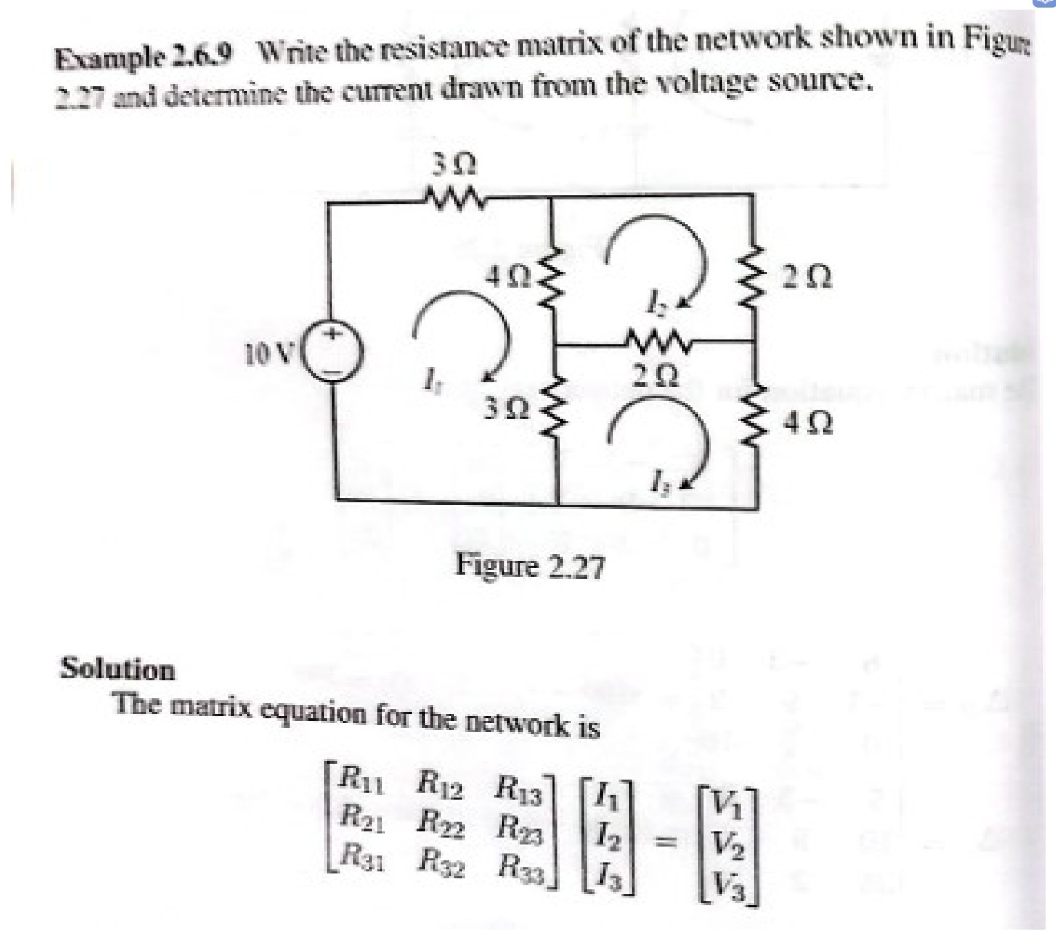 Electrical network diagram with three mesh currents I1, I2, and I3, resistors of 3 ohm, 4 ohm, 2 ohm, 3 ohm, 2 ohm, and 4 ohm, and a 10 V DC voltage source.