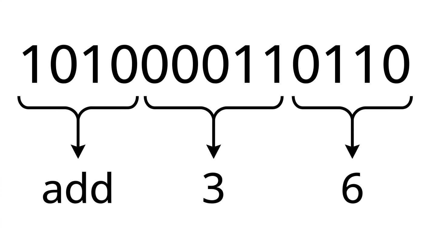 Binary code breakdown for addition showing opcode and operands