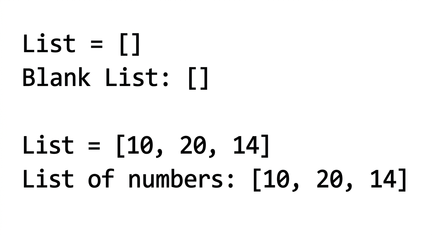 Python code and output demonstrating the creation of a blank list and a list of numbers