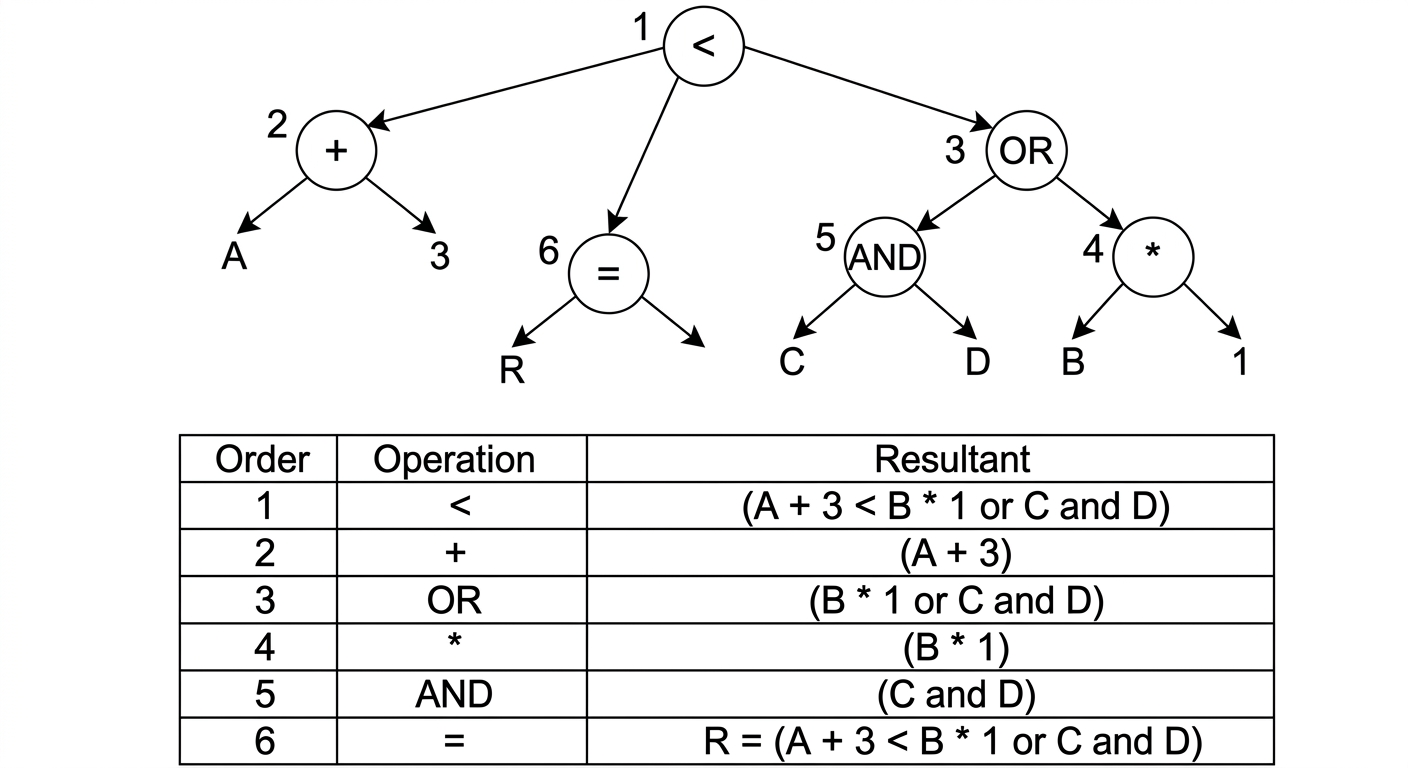Expression evaluation tree and corresponding table of operations