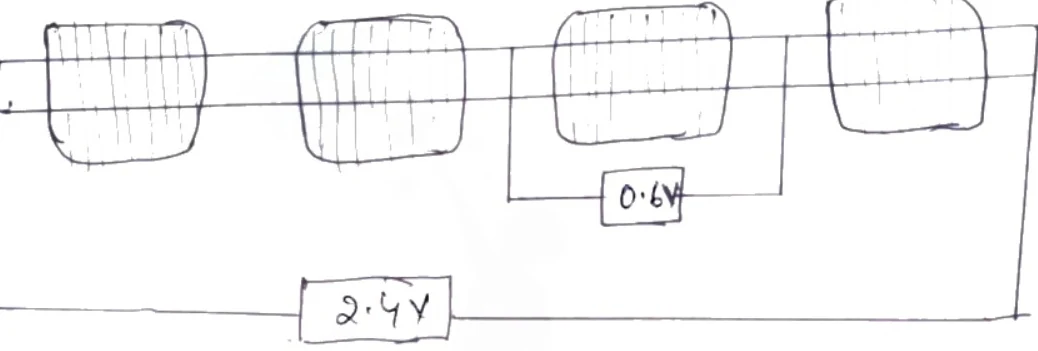 Diagram showing solar cells connected in series/parallel combination with voltage readings